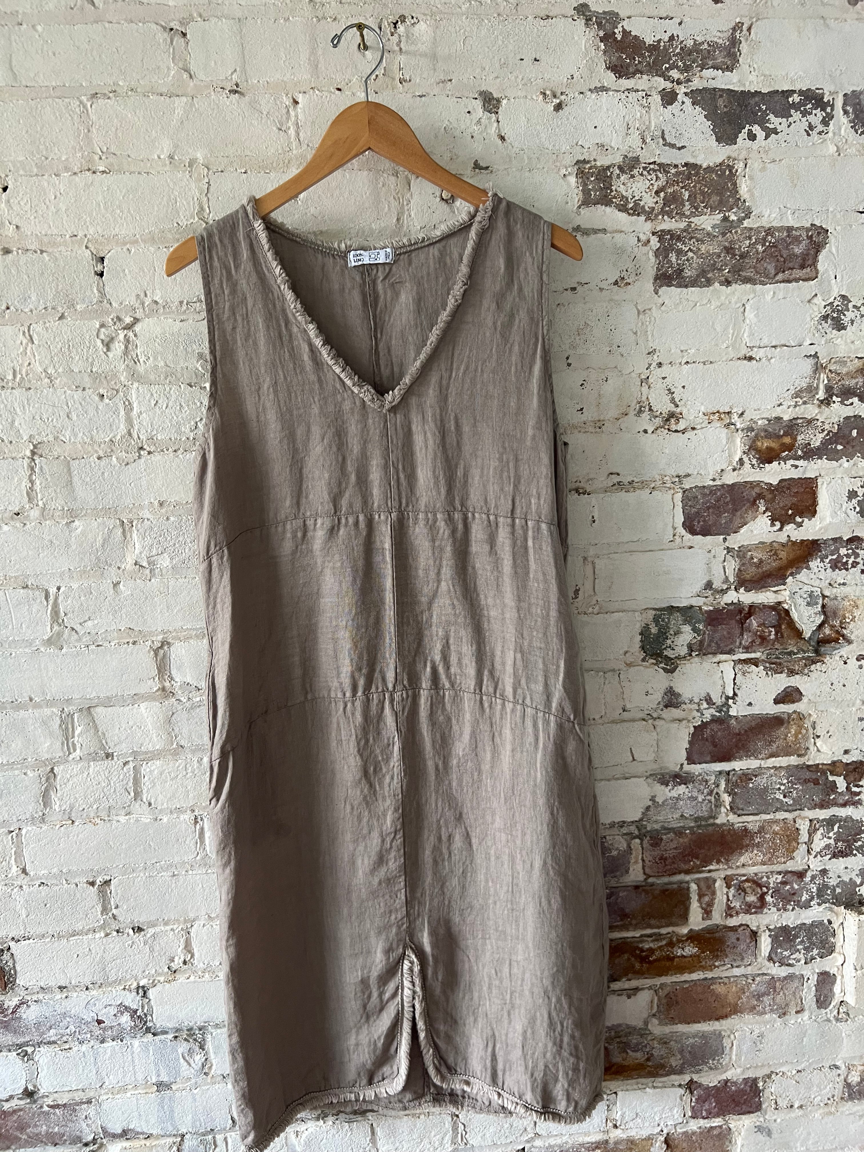 Linen V Neck Dress Fringe Edges