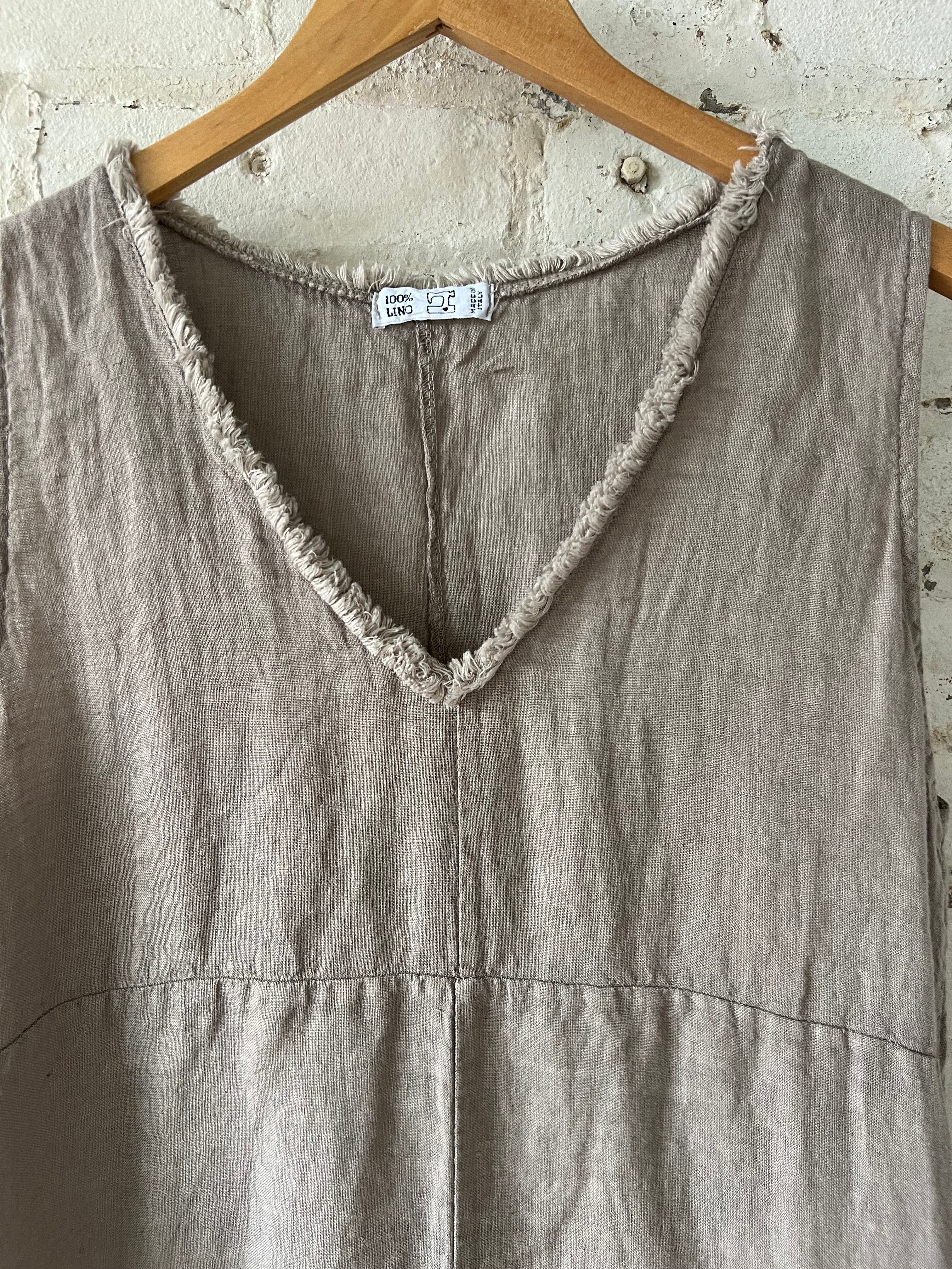 Linen V Neck Dress Fringe Edges